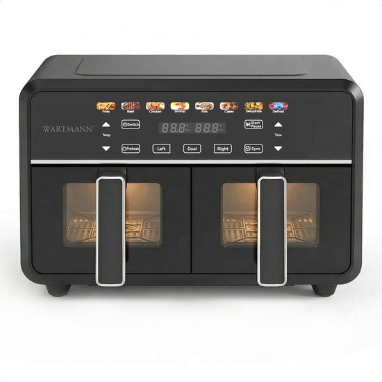 Wartmann Dubbele Airfryer XXL 11L - PFAS-vrije Heteluchtfriteuse - Infrarood - Dual Zone - 2 x 5.5L - 40–200°C - 8 Kookprogramma's - 2850W - WM-2511 AF - Zwart