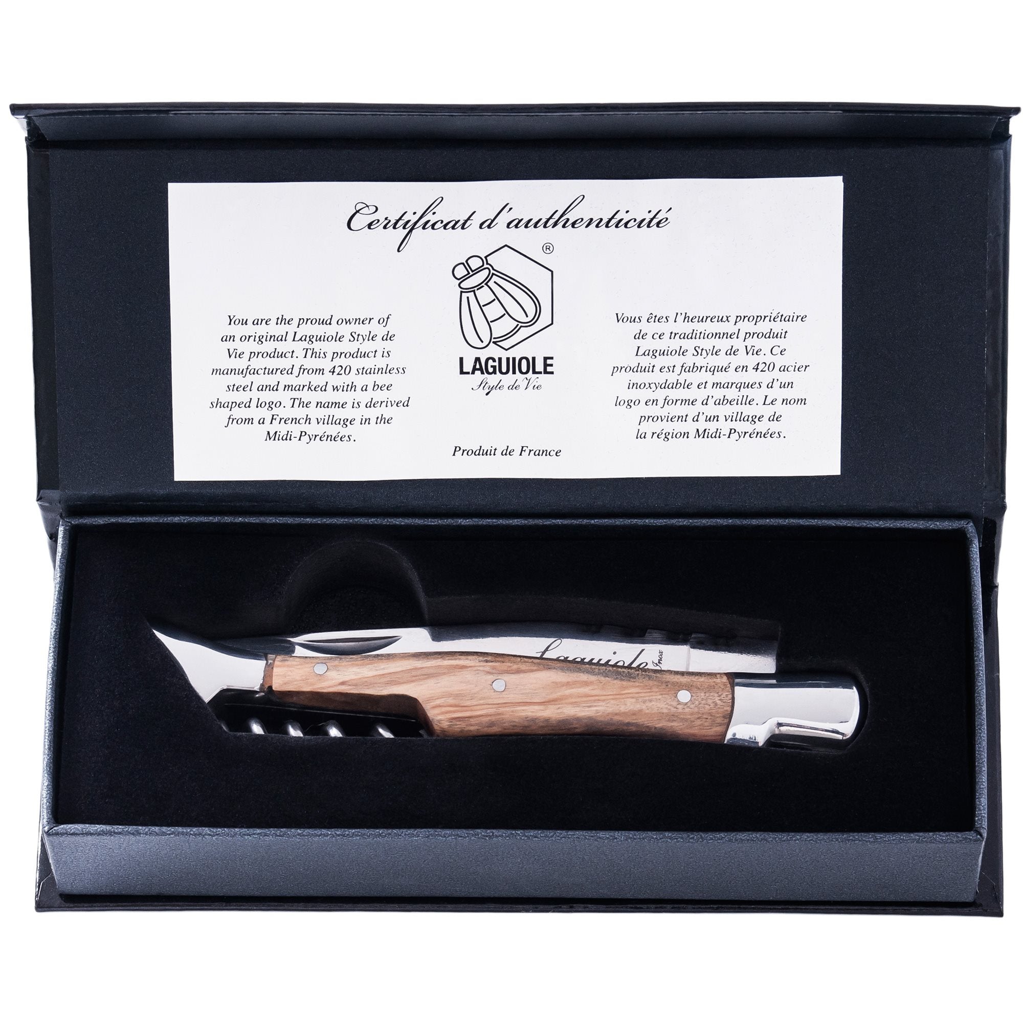 Style de Vie Laguiole zakmes met aanzetstaal en leren holster Vuurbak.